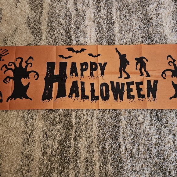 Happy Halloween Table Runner 13" X73" Burlap With Raw Cut Edges - Picture 1 of 3